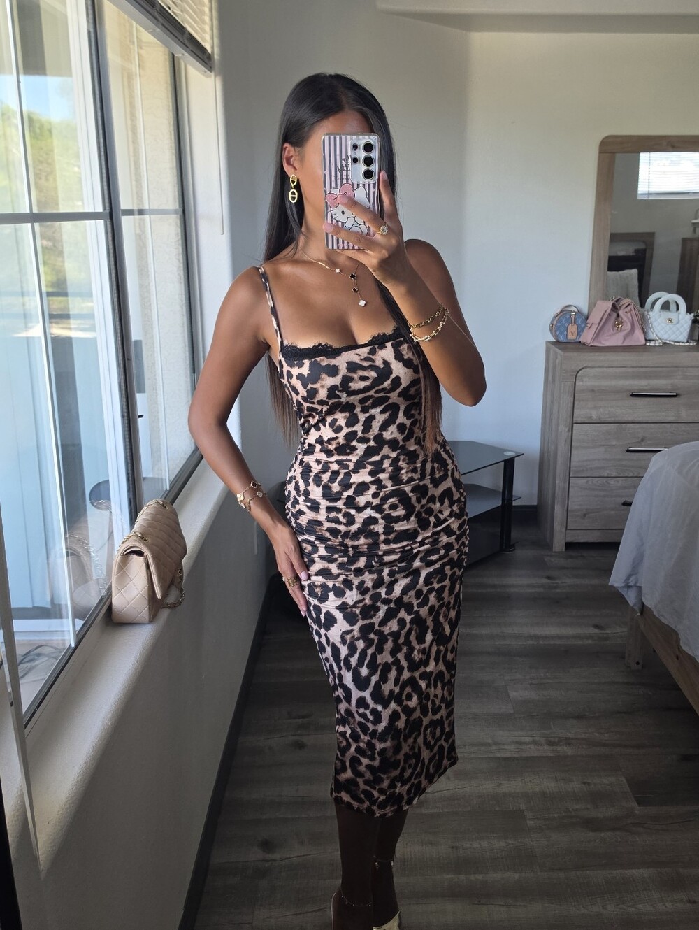 Leopard Print Slip Midi Dress - Nude/Black Very Stretchy - Picture 3 of 17